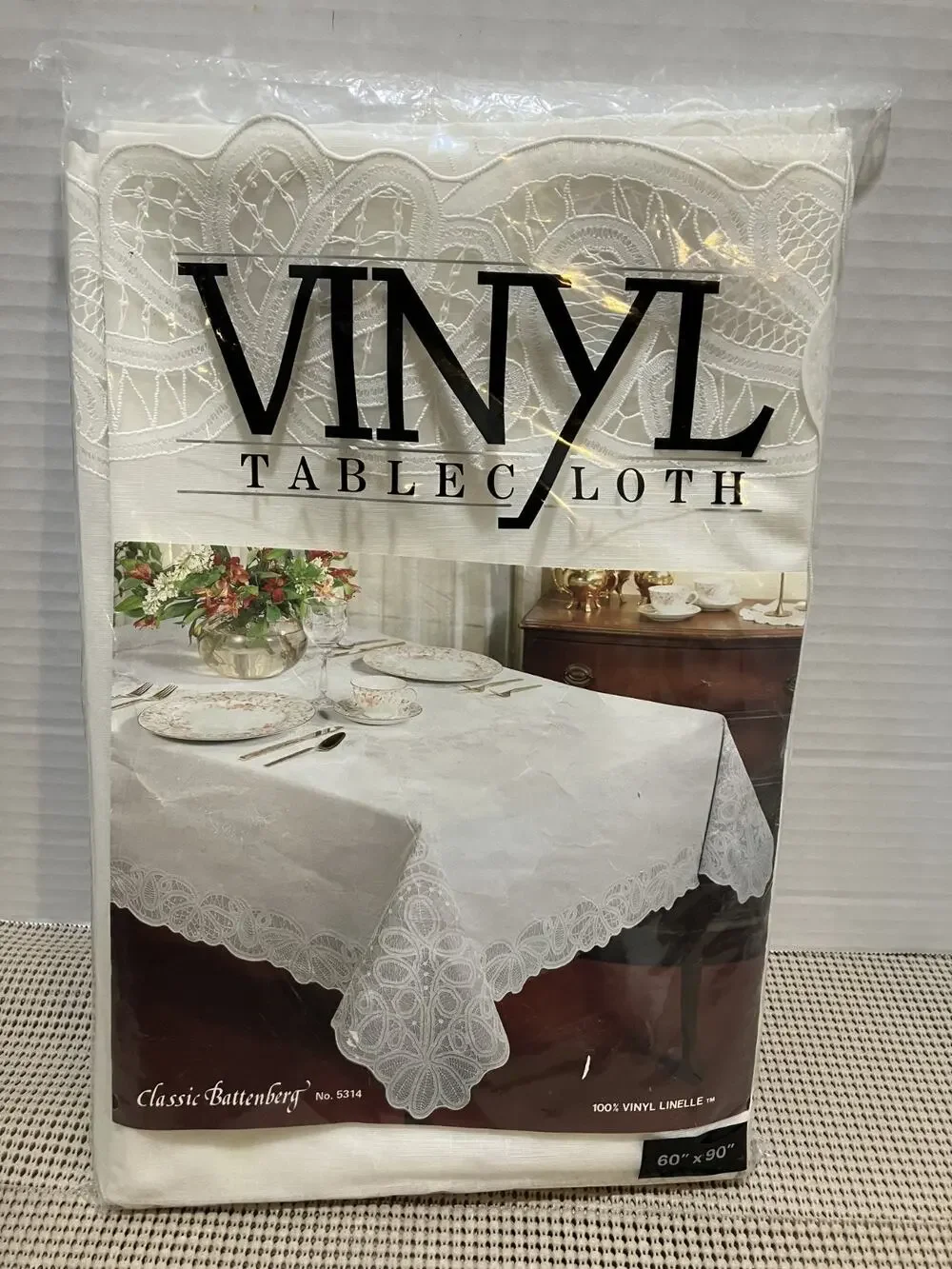 Vintage Vinyl Tablecloth Battenburg Lace White 60X90 Oblong NEW